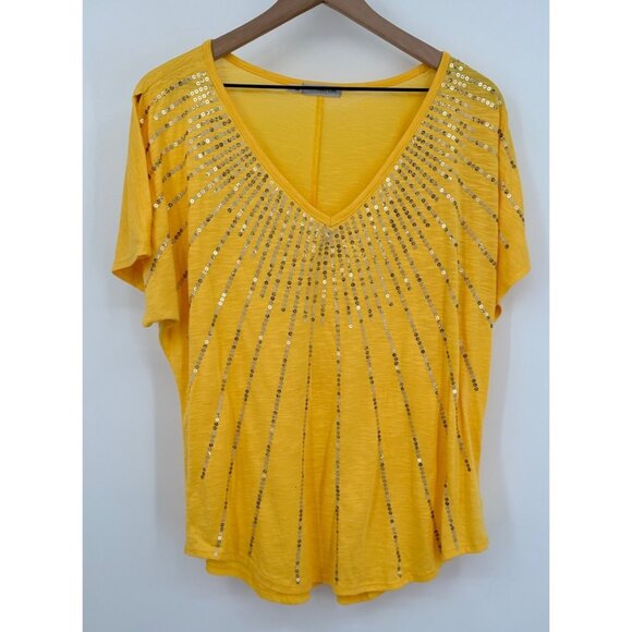 Maurices Blouse Women Large Yellow Silver Sequin Split Short Sleeve V-Neck - Picture 1 of 7